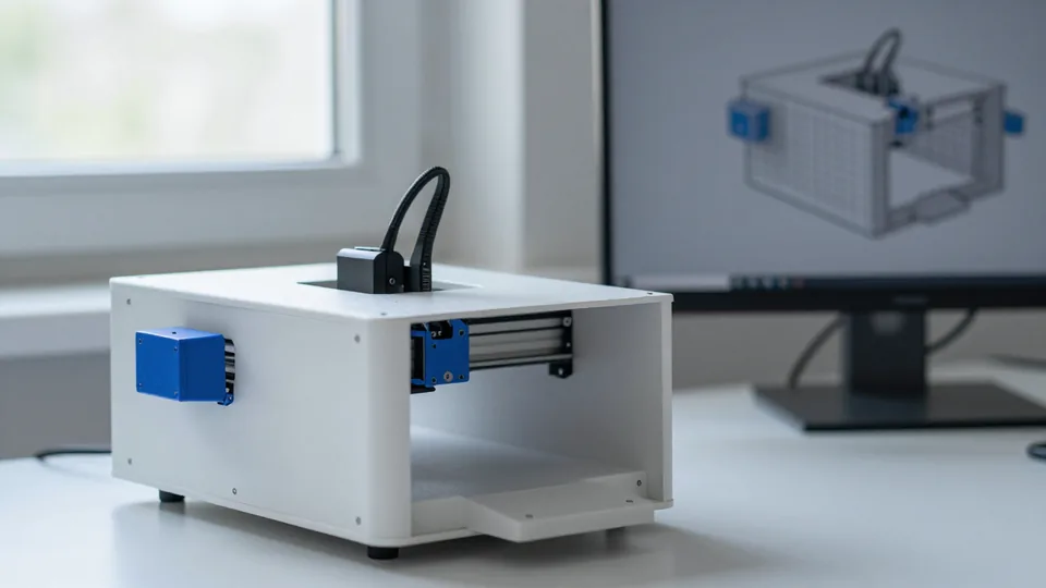 Stampante 3D da tavolo bianca con un monitor sullo sfondo