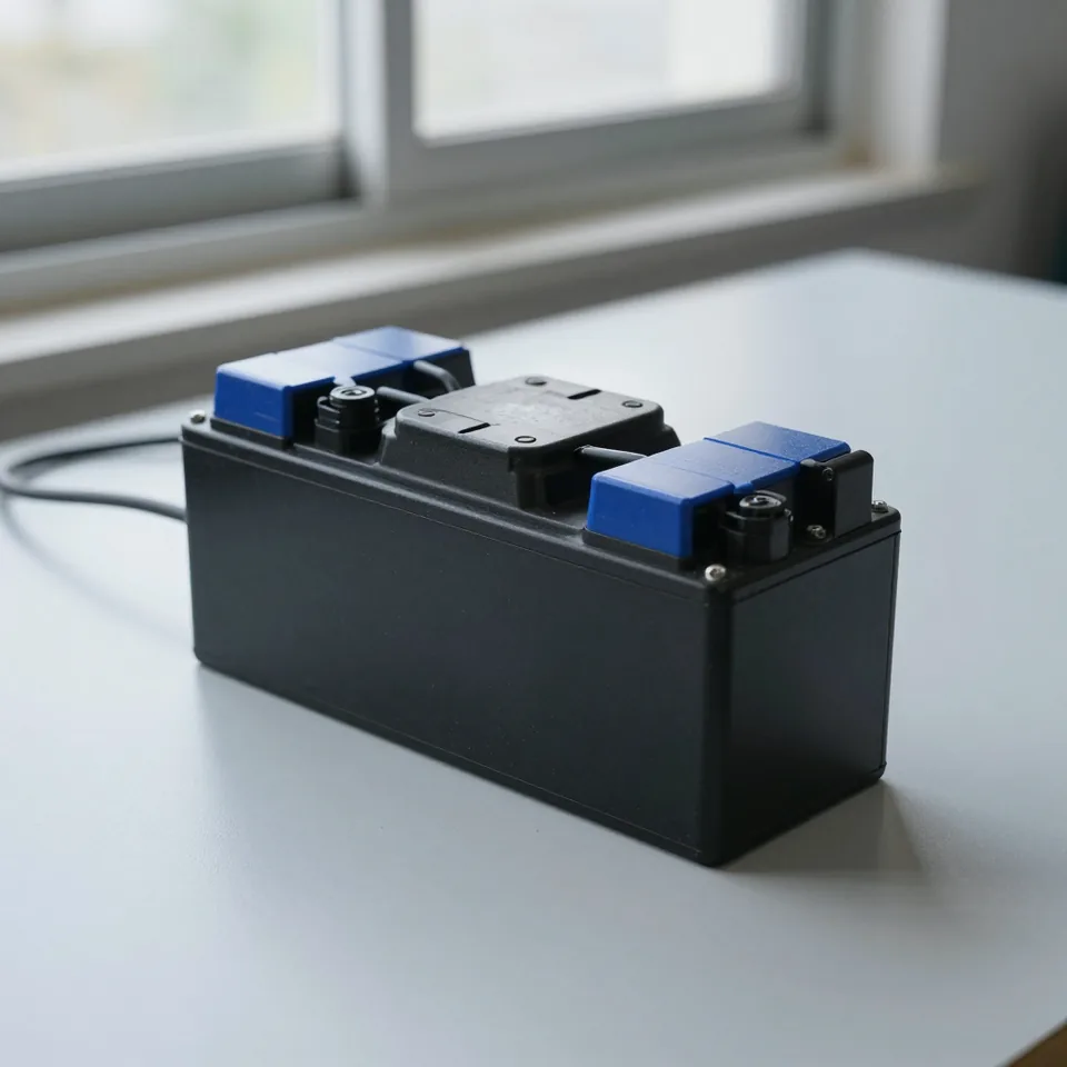 Pacco batteria nero con cavi e connettori blu su un banco di lavoro