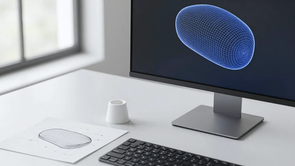 Monitor con modello 3D a maglia blu, schizzo su carta e piccolo prototipo