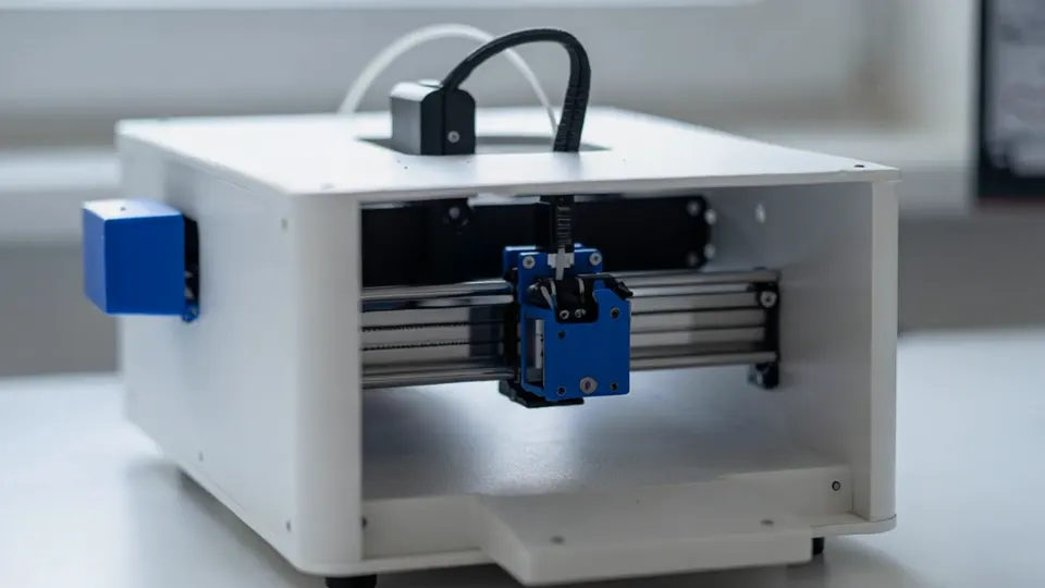 Video: stampante 3D da tavolo in avvicinamento lento, con il modello 3D sul monitor