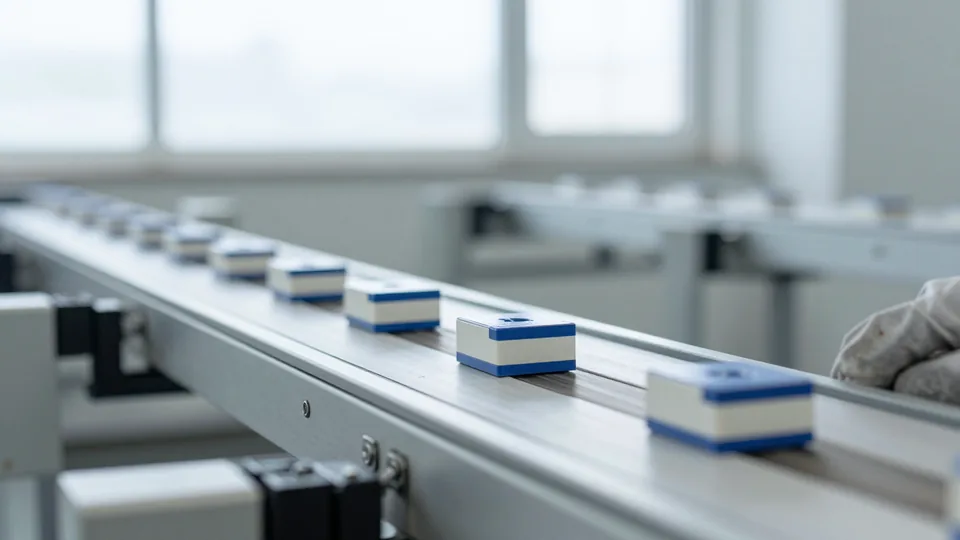 Linea di produzione con piccoli involucri su un nastro trasportatore