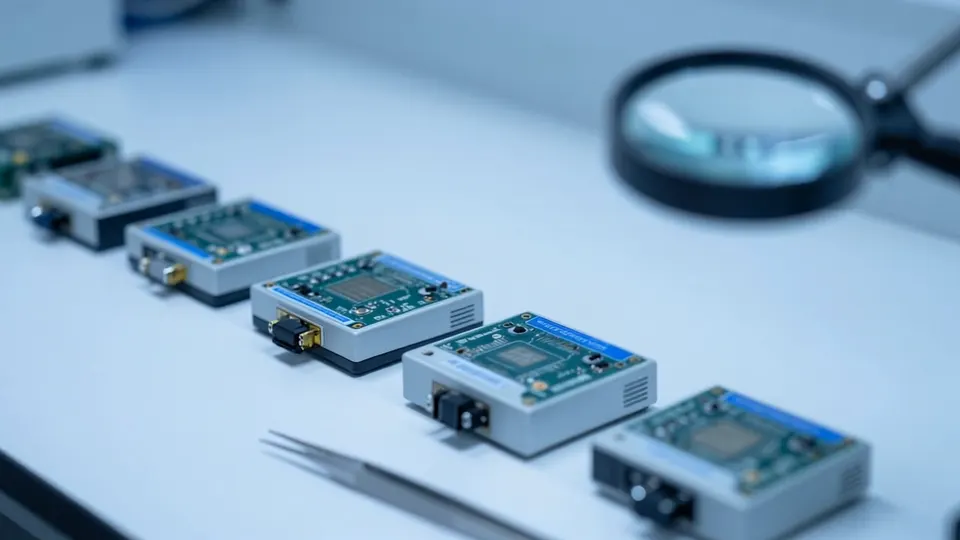 Video: slow pan of an inspection bench with aligned devices and a magnifier lamp