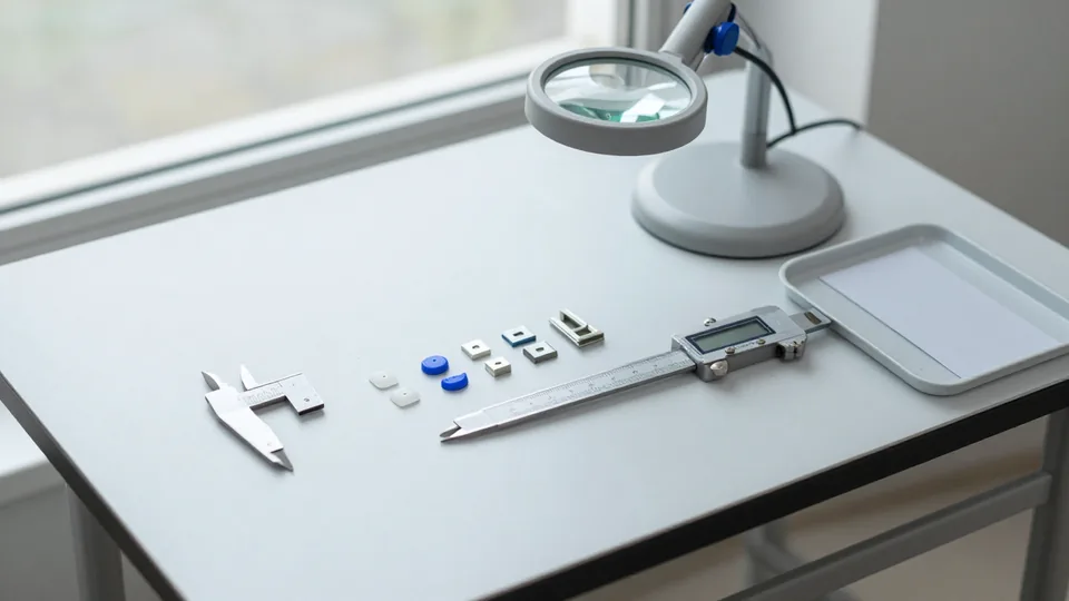 Tavolo di ispezione con calibro, piccoli componenti e lampada con lente
