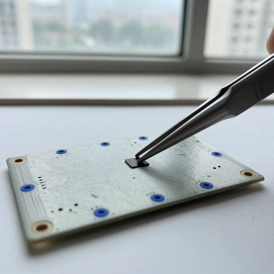 Macro di un circuito stampato con una pinzetta
