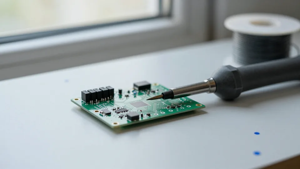 Green circuit board with soldering iron and solder spool