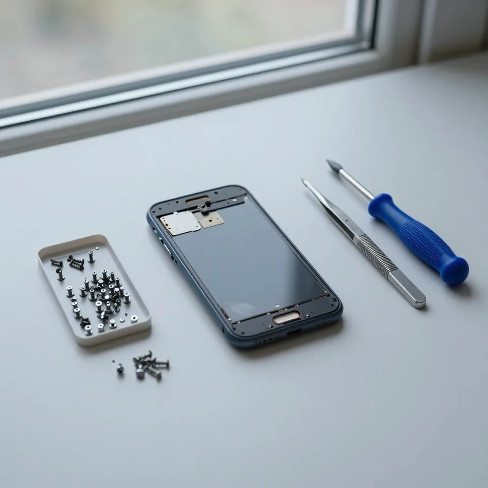 Disassembled smartphone seen from above, with sorted screws and a blue screwdriver