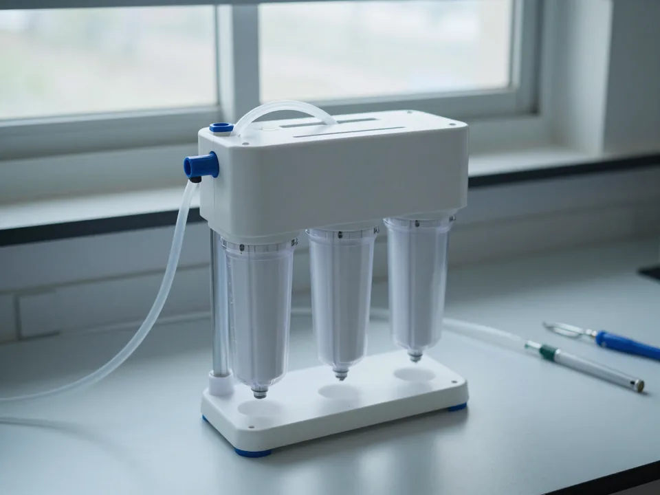 Prototipo di depuratore d’acqua con tre cartucce di filtrazione trasparenti